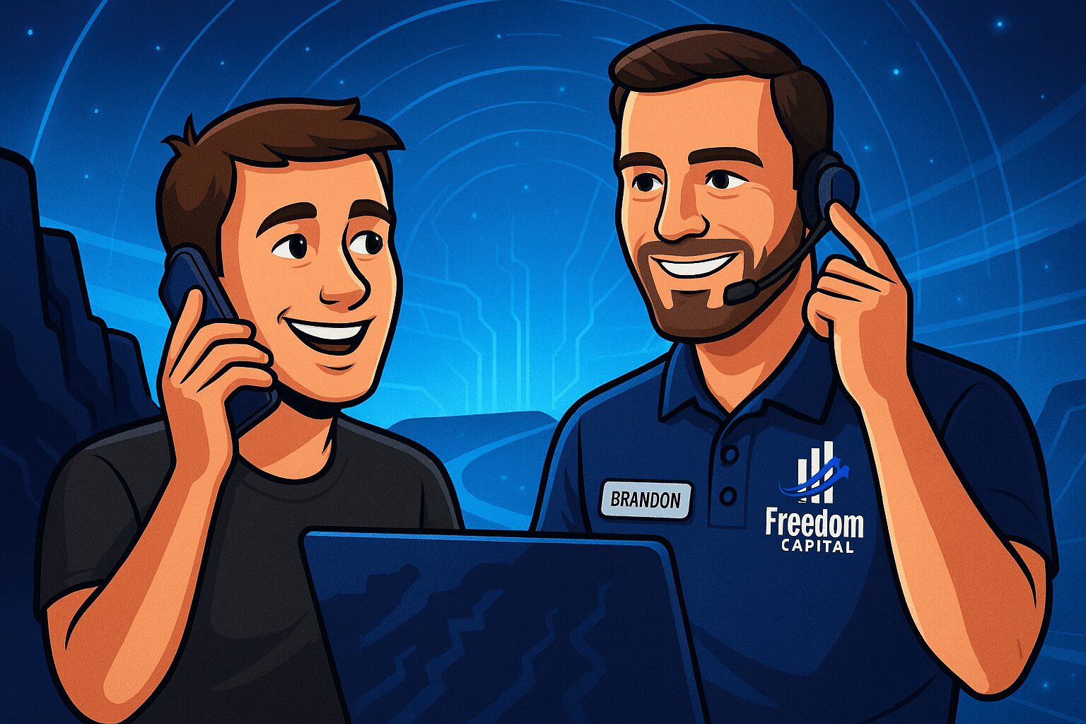 Freedom Capital co-founder Brandon helping community on phone